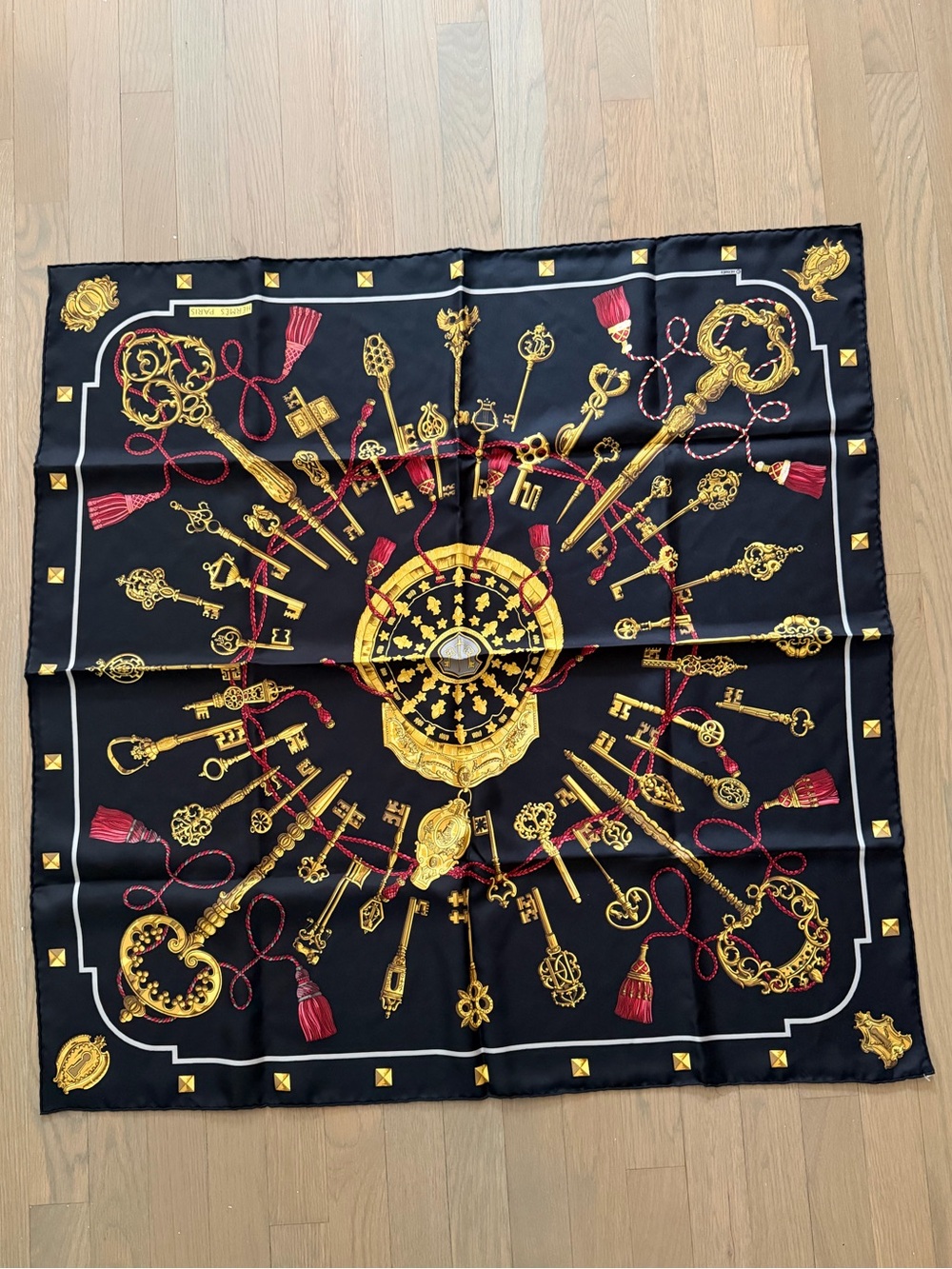 Hermes Scarf 34 in x 34 in Black Gold Red colors